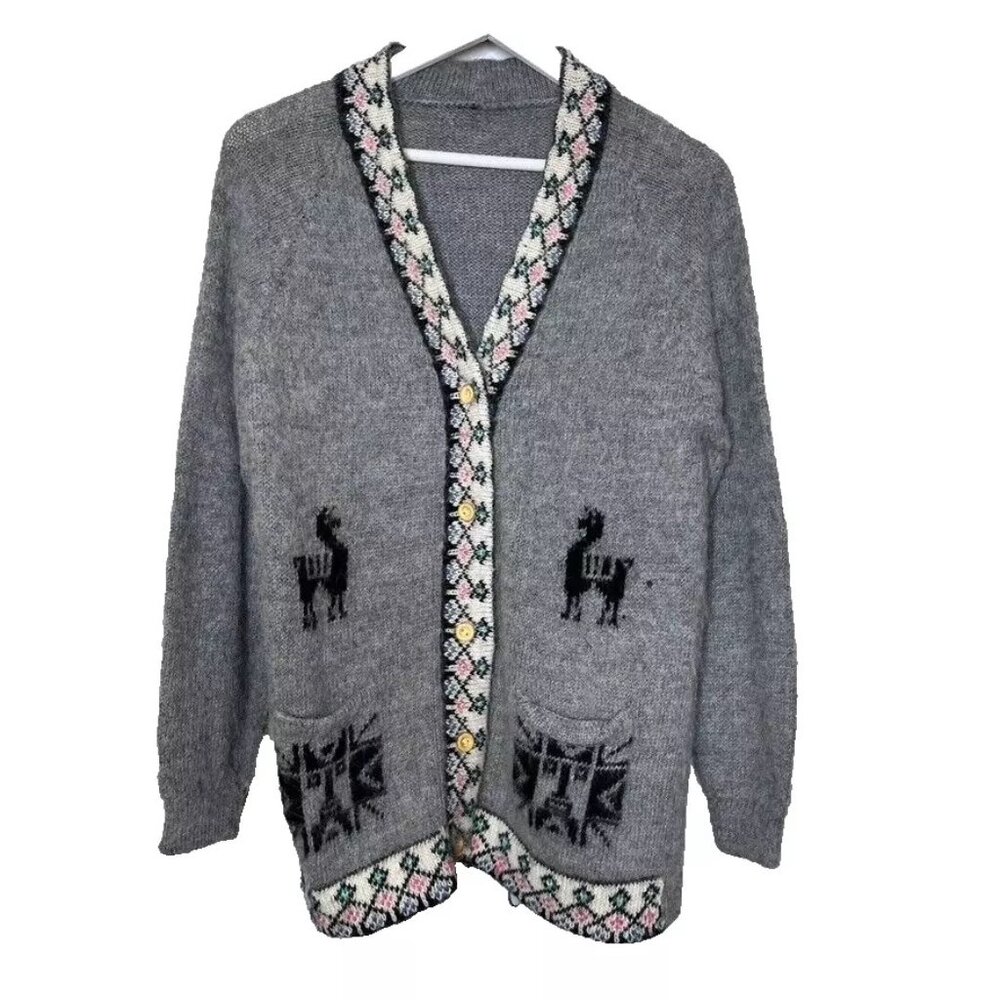 Peruvian Alpaca Wool Knit Cardigan Vtg Wood Button 90s Southwestern Aztec‎ Large